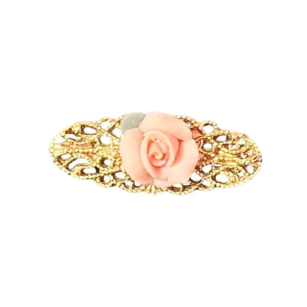 1928 Small Gold Tone Pink Rose Filigree Brooch